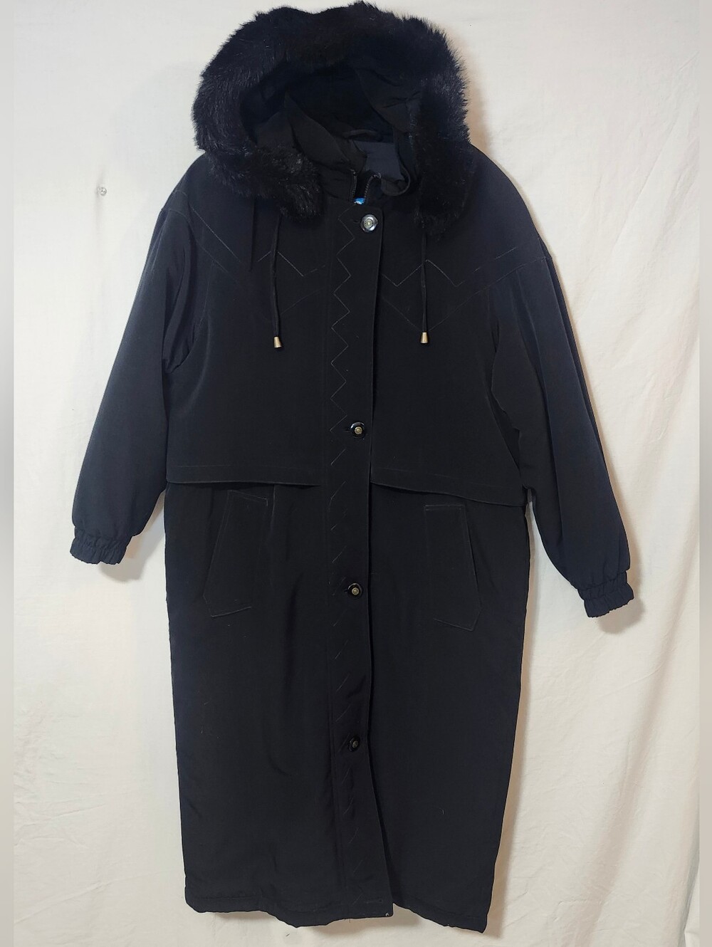 Classic Black Hooded Long Coat with Faux Fur Trim
